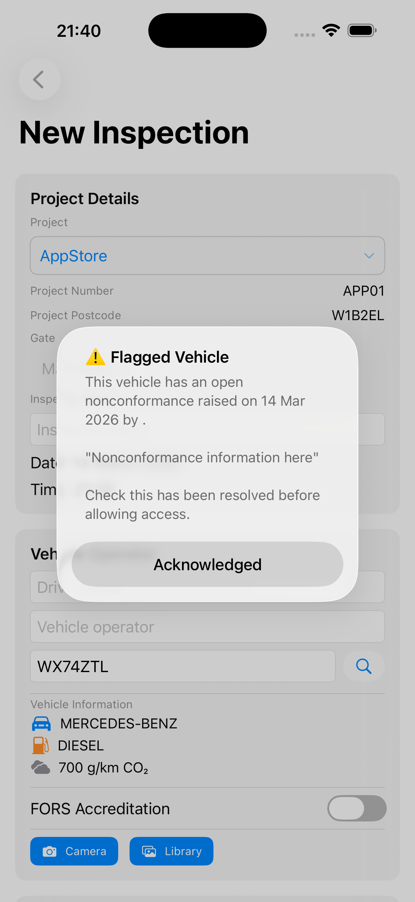 Flagged vehicle alert popup