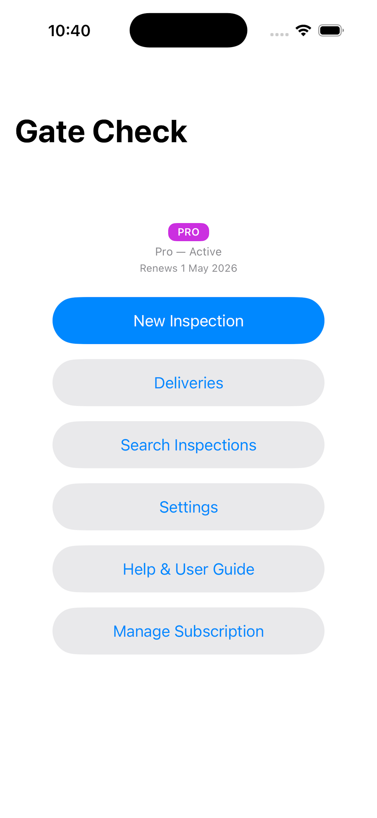 Site Gate Check home screen
